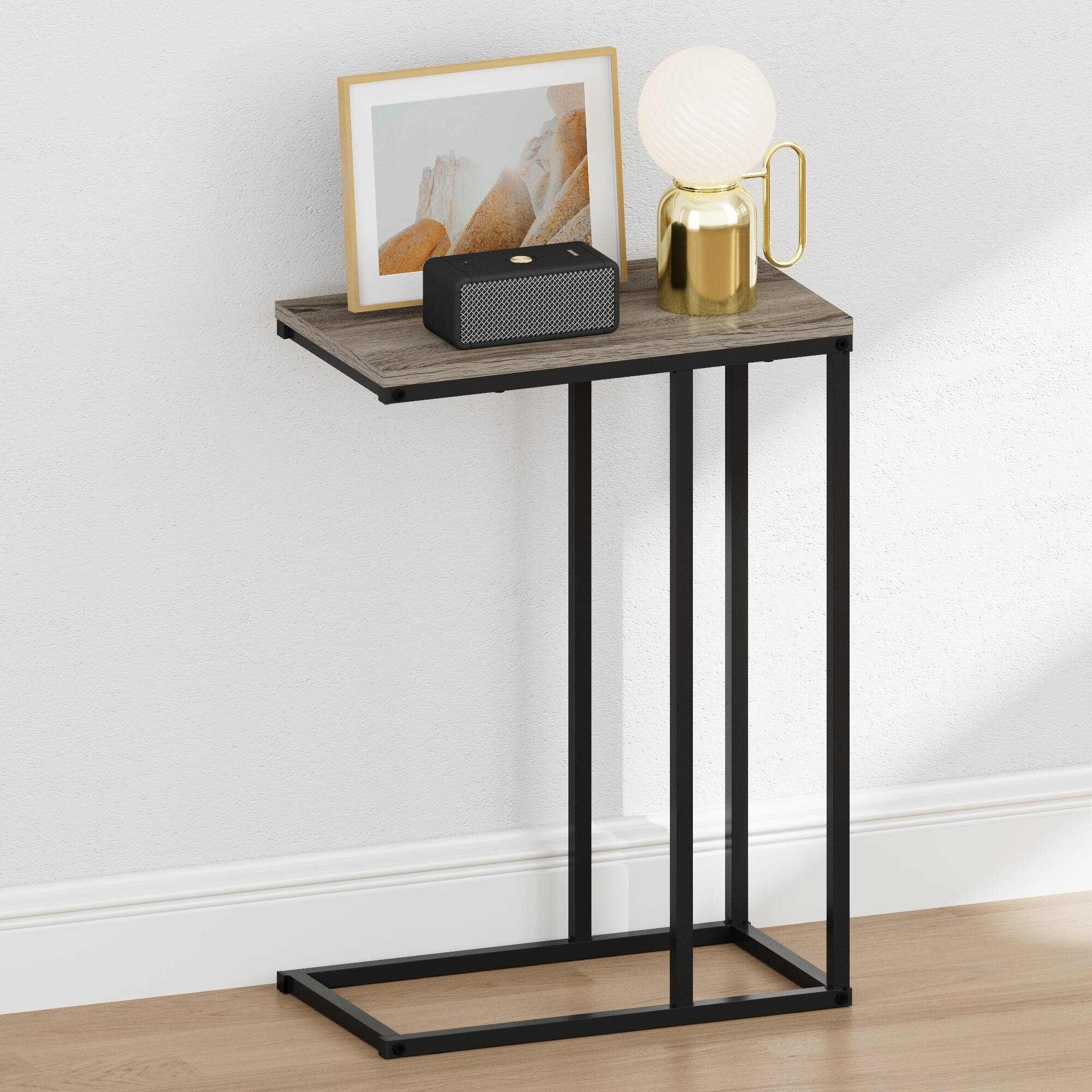 Alt View 1. Furinno - CAMNUS Night Stand, C-shape Nightstand, Metal Frame Side Table, End Table, Bedside Table - French Oak Grey.