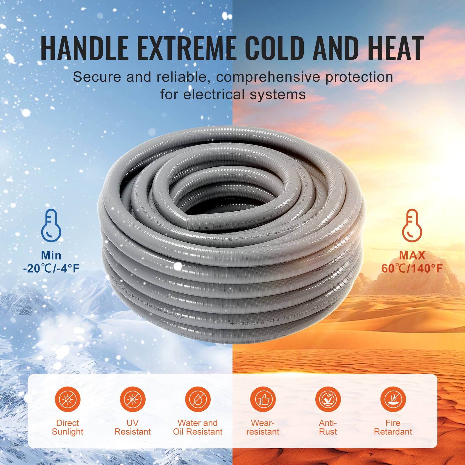 HANDLE EXTREME COLD AND HEAT

Secure and reliable, comprehensive protection for electrical systems

Min -20°C/-4°F

MAX 60°C/140°F

- Direct Sunlight
- UV Resistant
- Water and Oil Resistant
- Wear-resistant
- Anti-Rust
- Fire Retardant