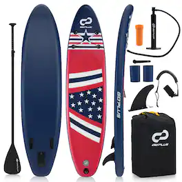 Costway - 10' Inflatable SUP Board Portable Adjustable Stand Up Paddle Board with 5 D Rings - Blue + White + Red