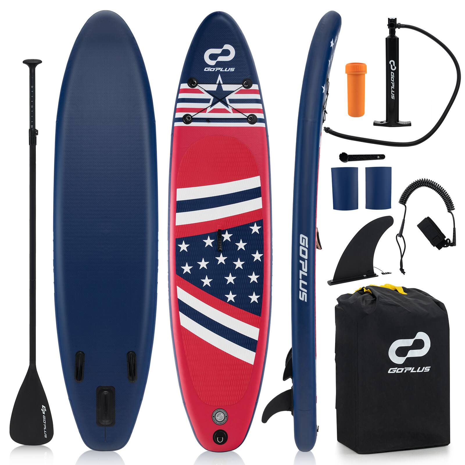 Costway - 10' Inflatable SUP Board Portable Adjustable Stand Up Paddle Board with 5 D Rings - Blue + White + Red