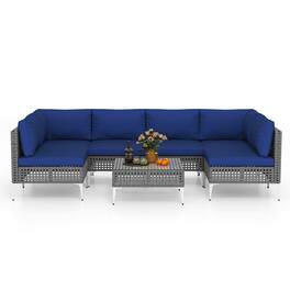 Costway - 7 Piece Outdoor Furniture Set with Seat & Back Cushions Tempered Glass Coffee Table - Navy