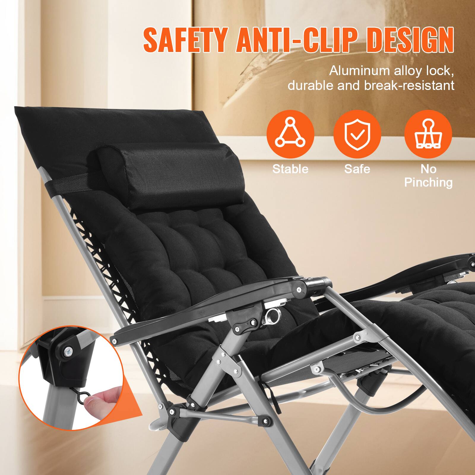 SAFETY ANTI-CLIP DESIGN  
Aluminum alloy lock, durable and break-resistant  

Stable  
Safe  
No Pinching