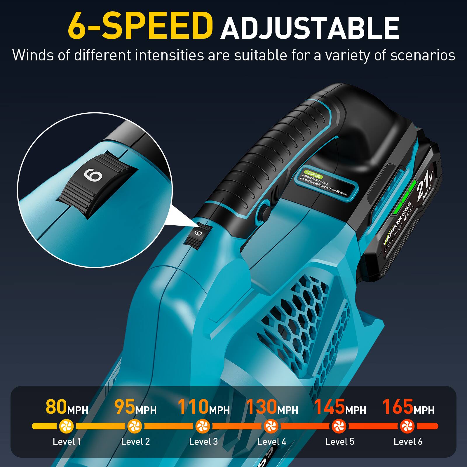 6-SPEED ADJUSTABLE  
Winds of different intensities are suitable for a variety of scenarios  

80MPH  
95MPH  
110MPH  
130MPH  
145MPH  
165MPH  

Level 1  
Level 2  
Level 3  
Level 4  
Level 5  
Level 6