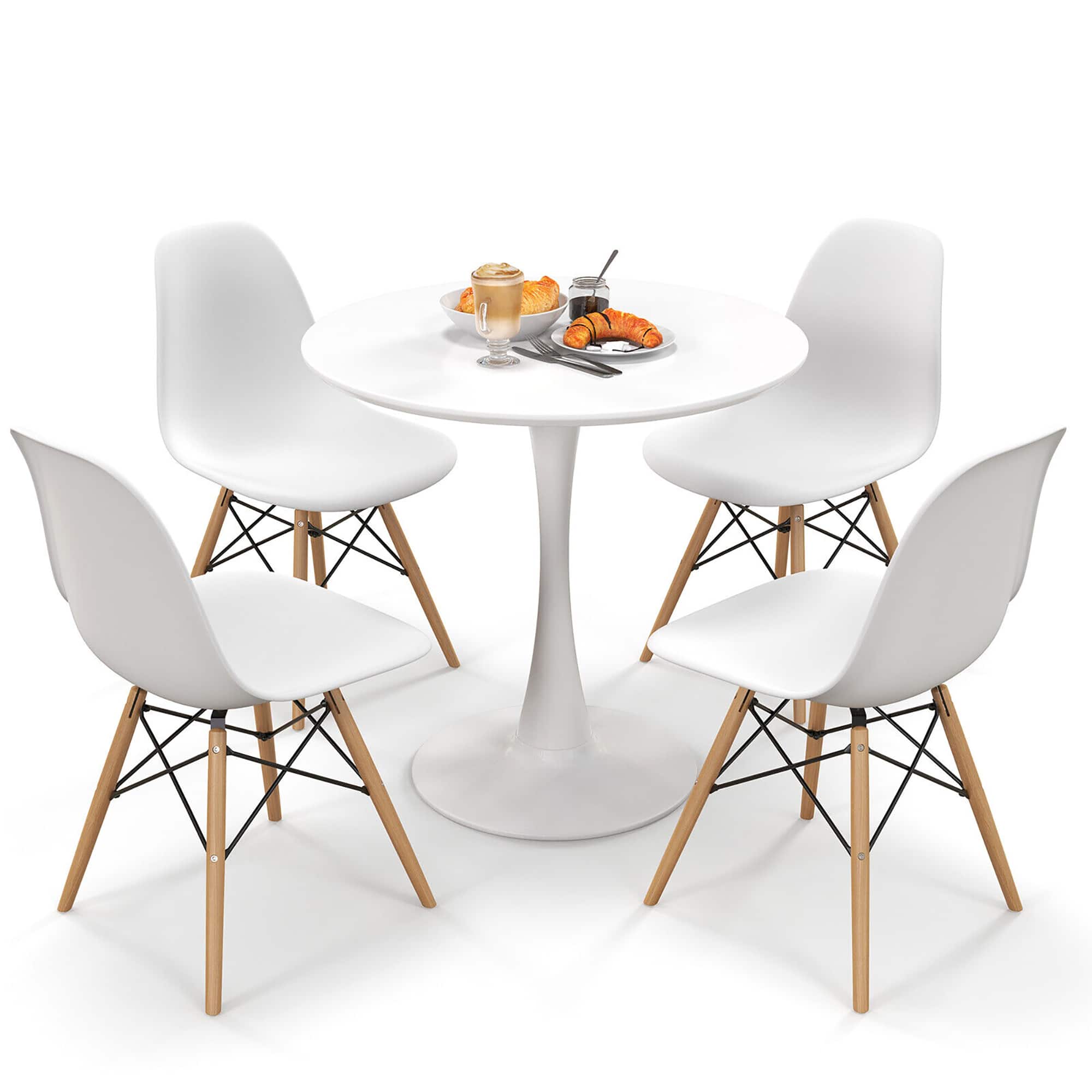 Gymax - 5 PCS Dining Set Modern Round Dining Table 4 Chairs for Small Space Kitchen - White, Natural