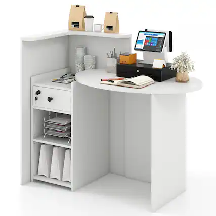 Front. Ecooso - Reception Desk Counter with Open Shelf and Locking Drawer, Front Office Workstation - White.