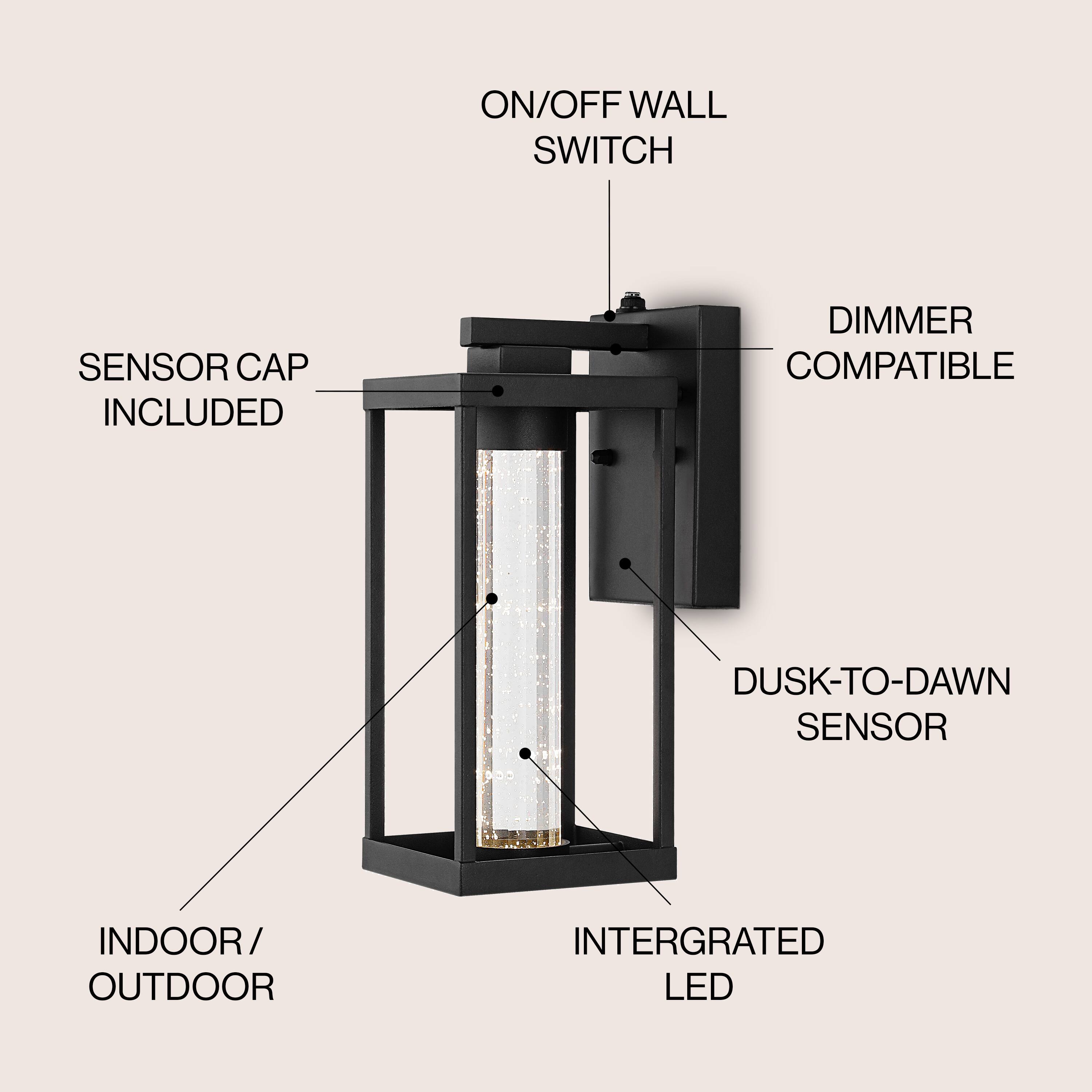 ON/OFF WALL SWITCH  
SENSOR CAP INCLUDED  
DIMMER COMPATIBLE  
DUSK-TO-DAWN SENSOR  
INDOOR/OUTDOOR  
INTERGRATED LED