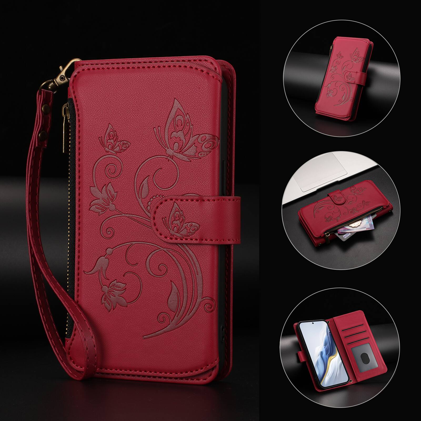 Alt View 5. Dteck - Butterfly Flower Wallet Case for Apple iPhone 17,Crossbody Zipper Pocket Magnetic Closure Flip Shockproof Cover+Lanyard - Red.