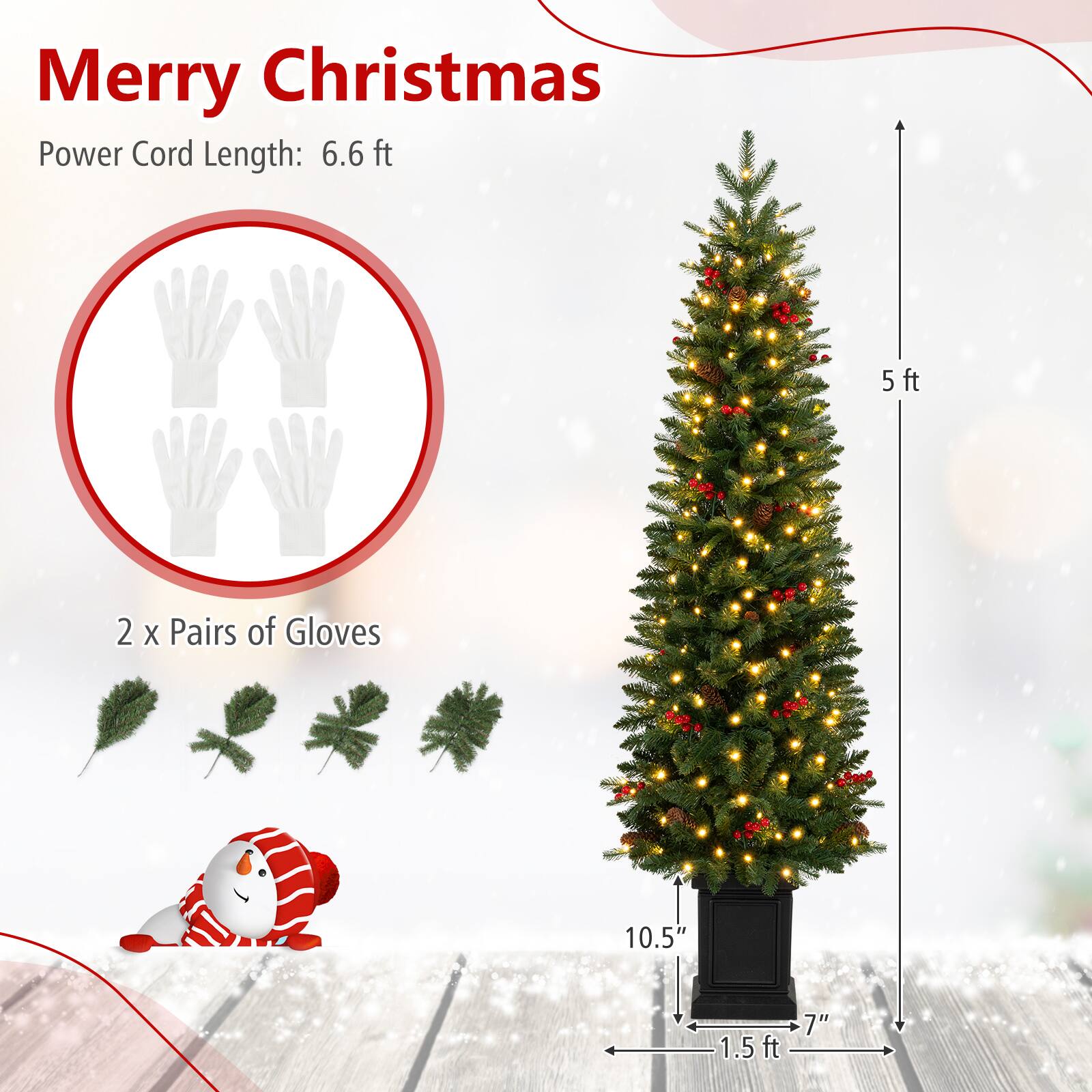 Merry Christmas  
Power Cord Length: 6.6 ft  
5 ft  
2 x Pairs of Gloves  
10.5"  
7" 1.5 ft