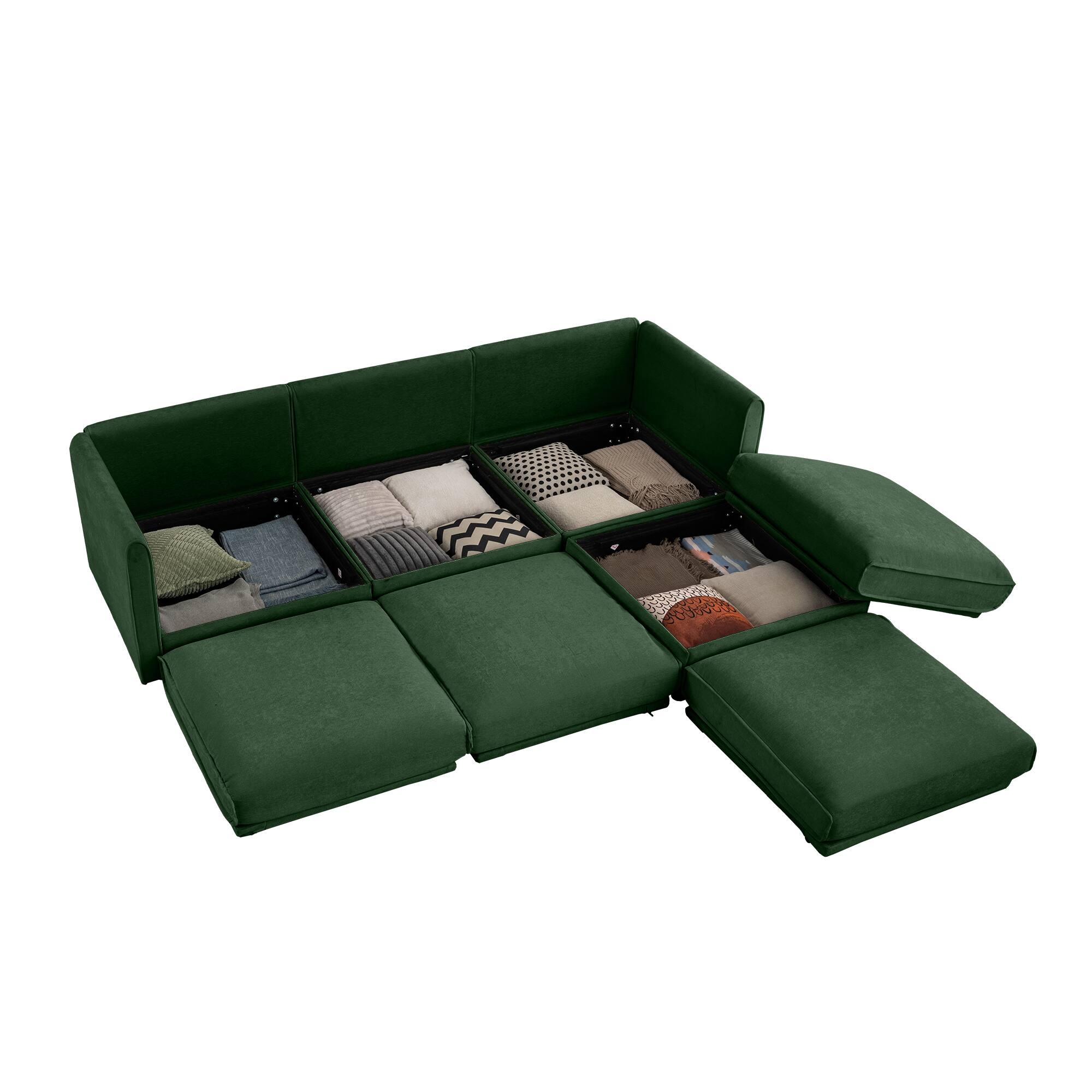 Left. Anysun - Chenille L-Shape 3-Seater Sofa with Ottoman & Hidden Storage - Cylindrical Backrest & Armrests, Contemporary. - Green.