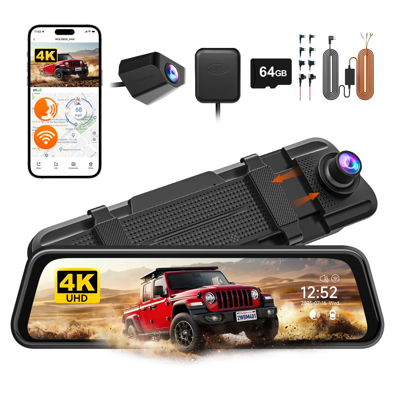 WOLFBOX - 4K/2.5K UHD Front + 1080P Rear Cars Mirror Dash Cam, GPS, WiFi, Night Vision, WDR, Free 64GB, 24H Parking Mode - Black