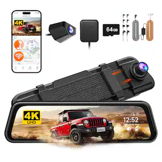 WOLFBOX - 4K/2.5K UHD Front + 1080P Rear Cars Mirror Dash Cam, GPS, WiFi, Night Vision, WDR, Free 64GB, 24H Parking Mode - Black