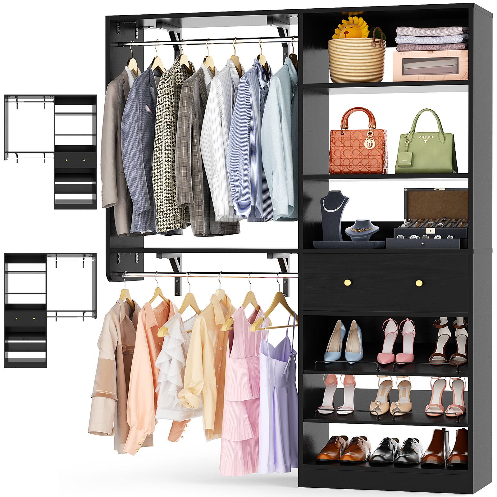 Alt View 3. Aheaplus - Reversible 5FT Wood Closet Organizer System with Drawer, 2 Hanging Rods, and Adjustable Shelf, Wall Mounted - Black.
