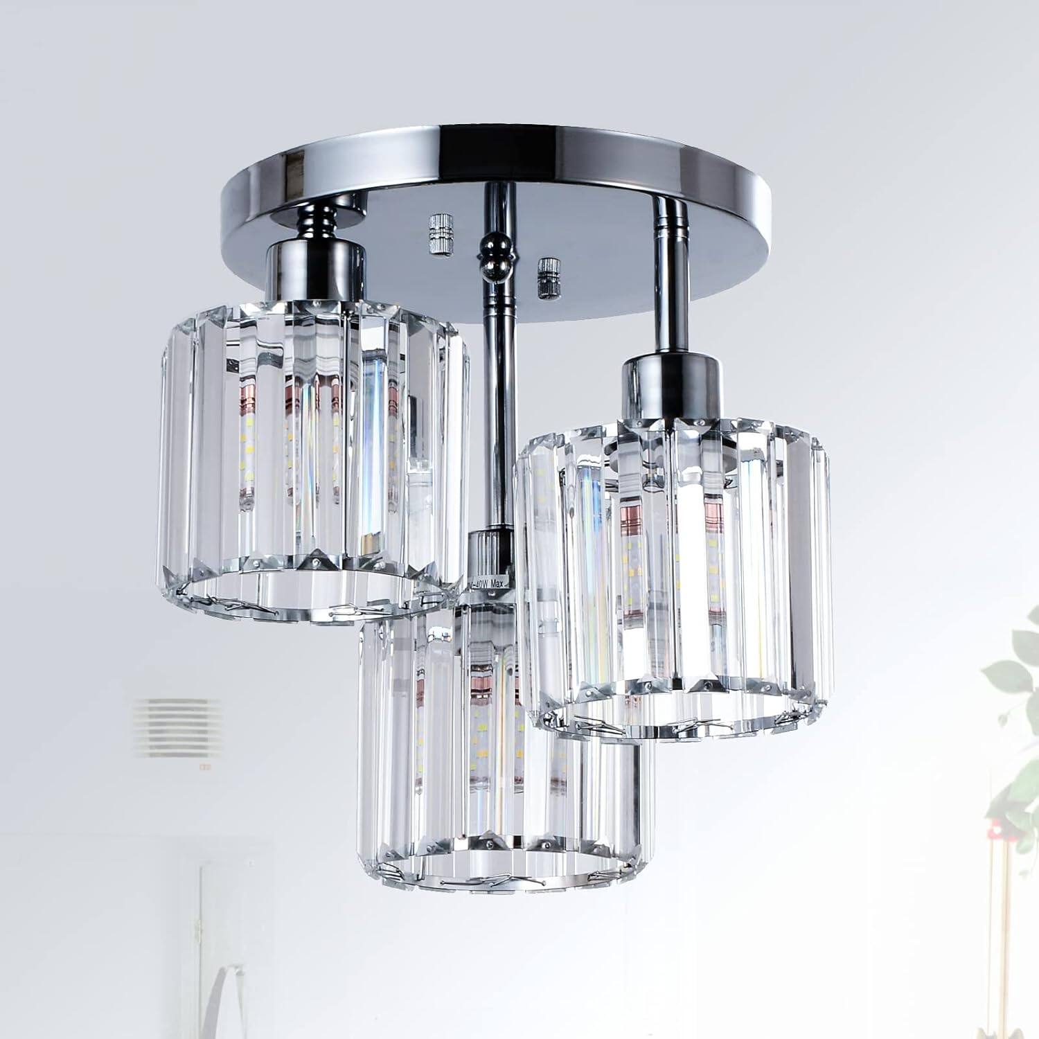 Front. Z-Edge - Crystal Semi Flush Mount Ceiling Light,3-Light Modern Close to Ceiling Light Fixtures with Clear Crystal Shade for Foyer - Silver.