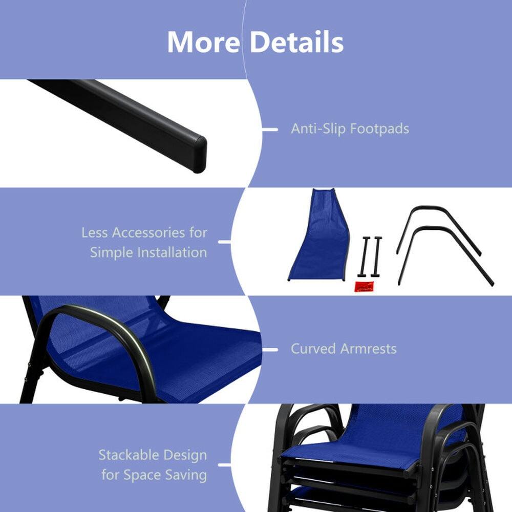 More Details

- Anti-Slip Footpads
- Less Accessories for Simple Installation
- Curved Armrests
- Stackable Design for Space Saving