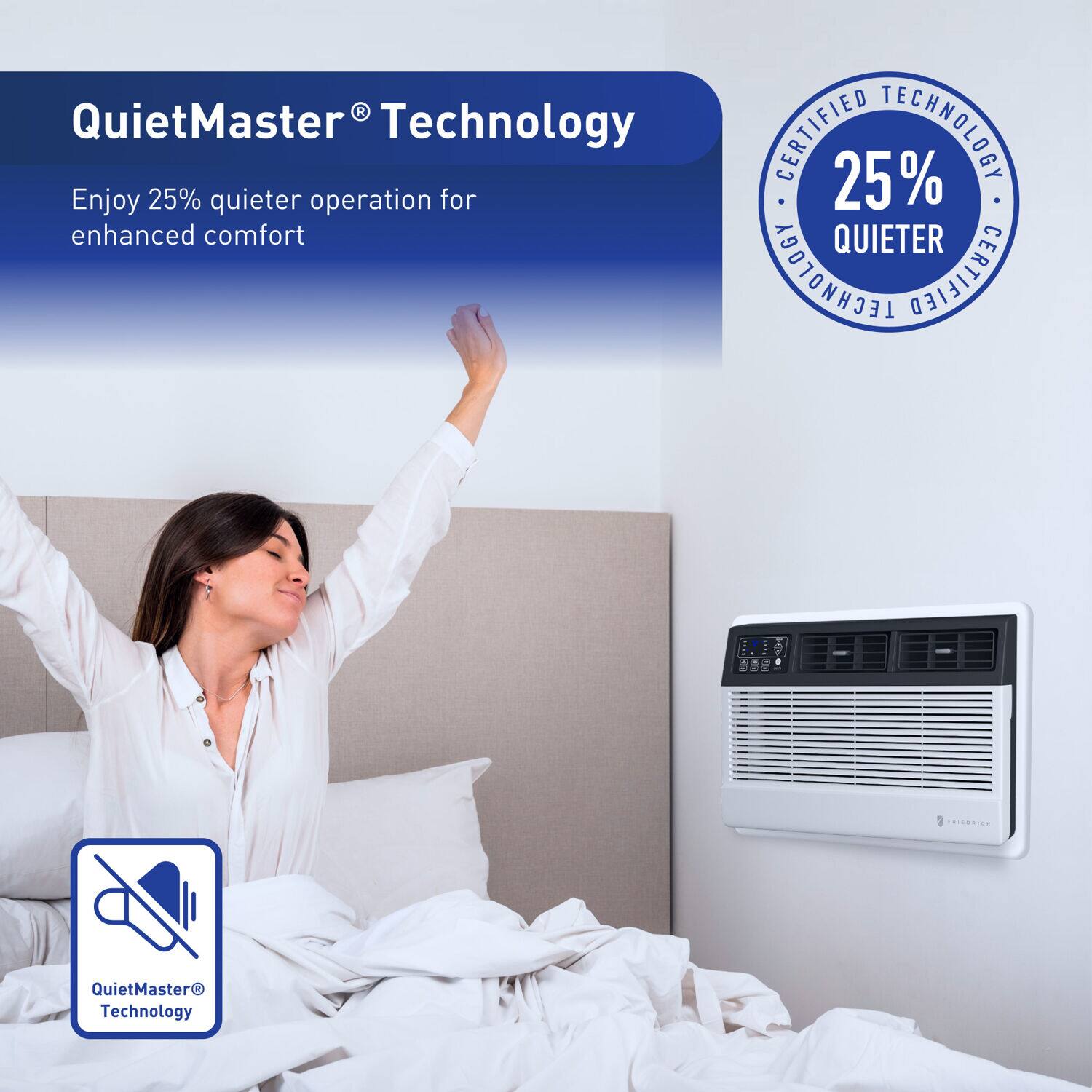 QuietMaster Technology is a certified technology that offers 25% quieter operation for 25% enhanced comfort. The technology is designed to provide a quieter and more comfortable experience for users.