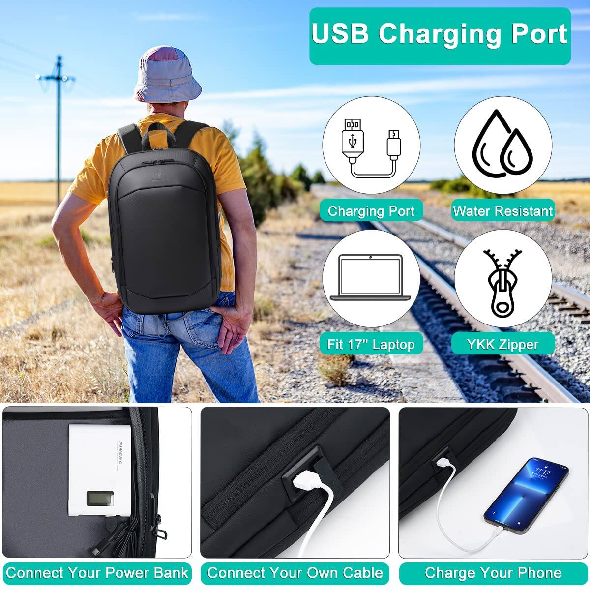 Left. Live At Space - Business Backpack For Men 17 Inch Slim   Expandable Waterproof Travel Laptop With Usb Port Anti theft Lightweight Large - White.