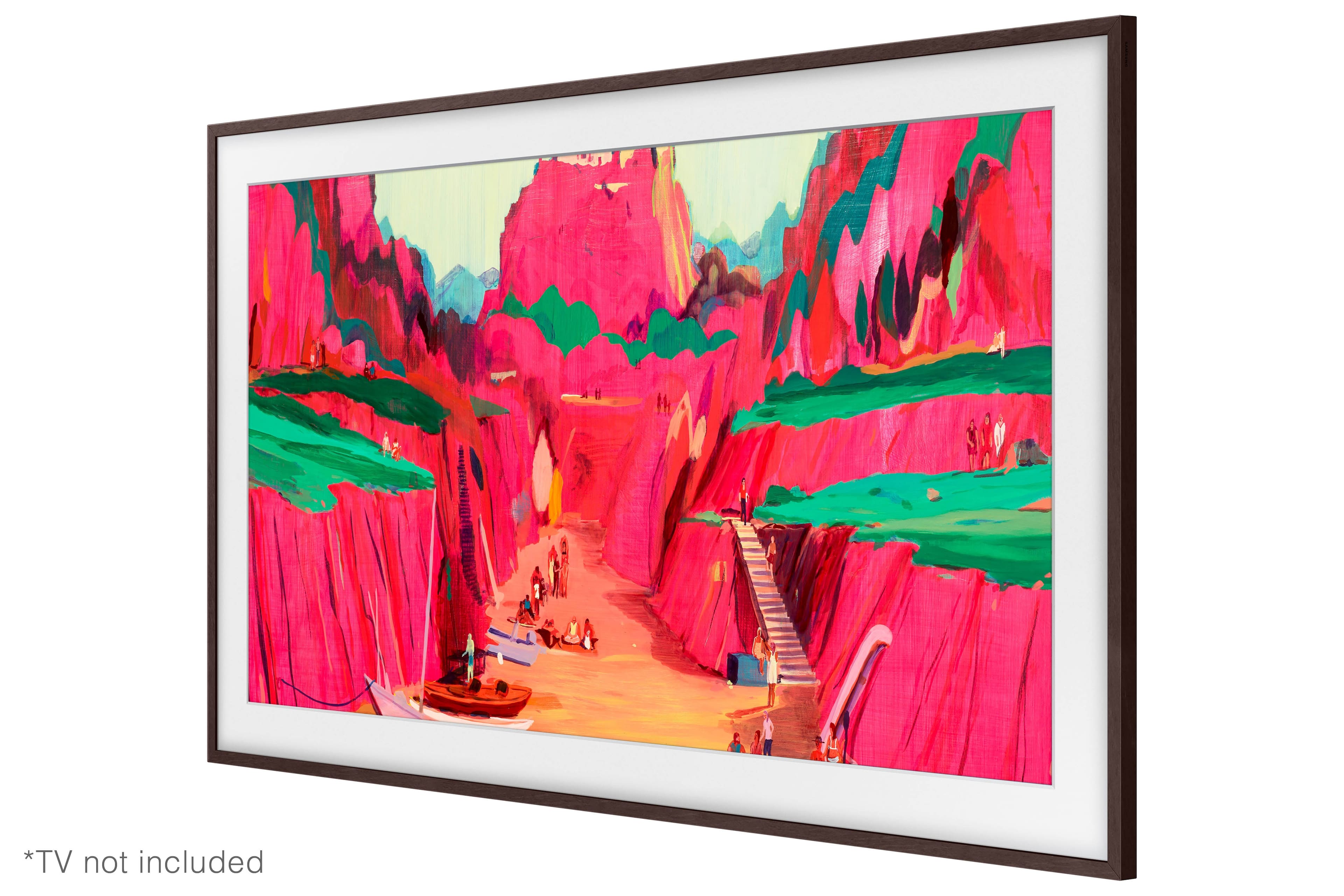 The image features a large, colorful painting of a mountain landscape, with a boat and people in the scene. The painting is displayed in a frame, and the text "TV not included" is visible in the lower left corner of the image.
