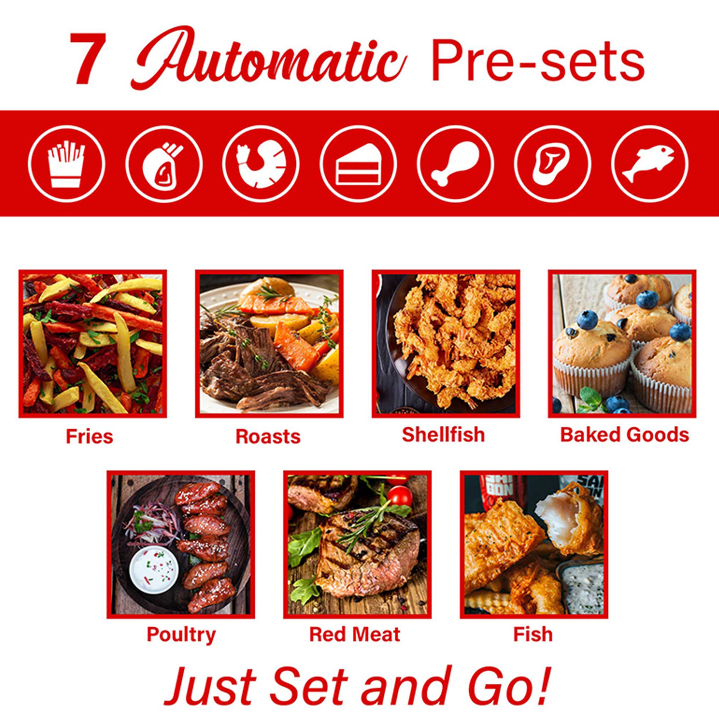 7 Automatic Pre-sets: Fries, Roasts, Shellfish, Baked Goods, Poultry, Red Meat, Fish. Just Set and Go!