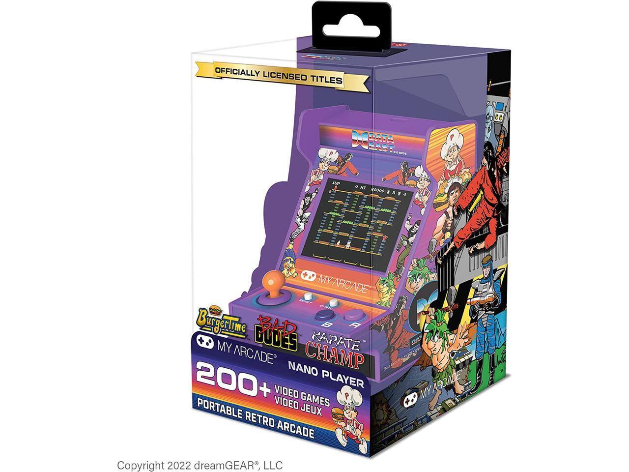 OFFICIALLY LICENSED TITLES  
DCEAEA EAST 5-1500 WI 20000 a 3 Y 4 66 VN MY ARCADE  
BurgerTime  
BUDES BAD KAPATE B A MY ARCADE CHAMP  
NANO 200+ PLAYER VIDEO GAMES PORTABLE VIDEO JEUX RETRO ARCADE  
MY ARCADE  
Copyright 2022 dreamGEAR, LLC