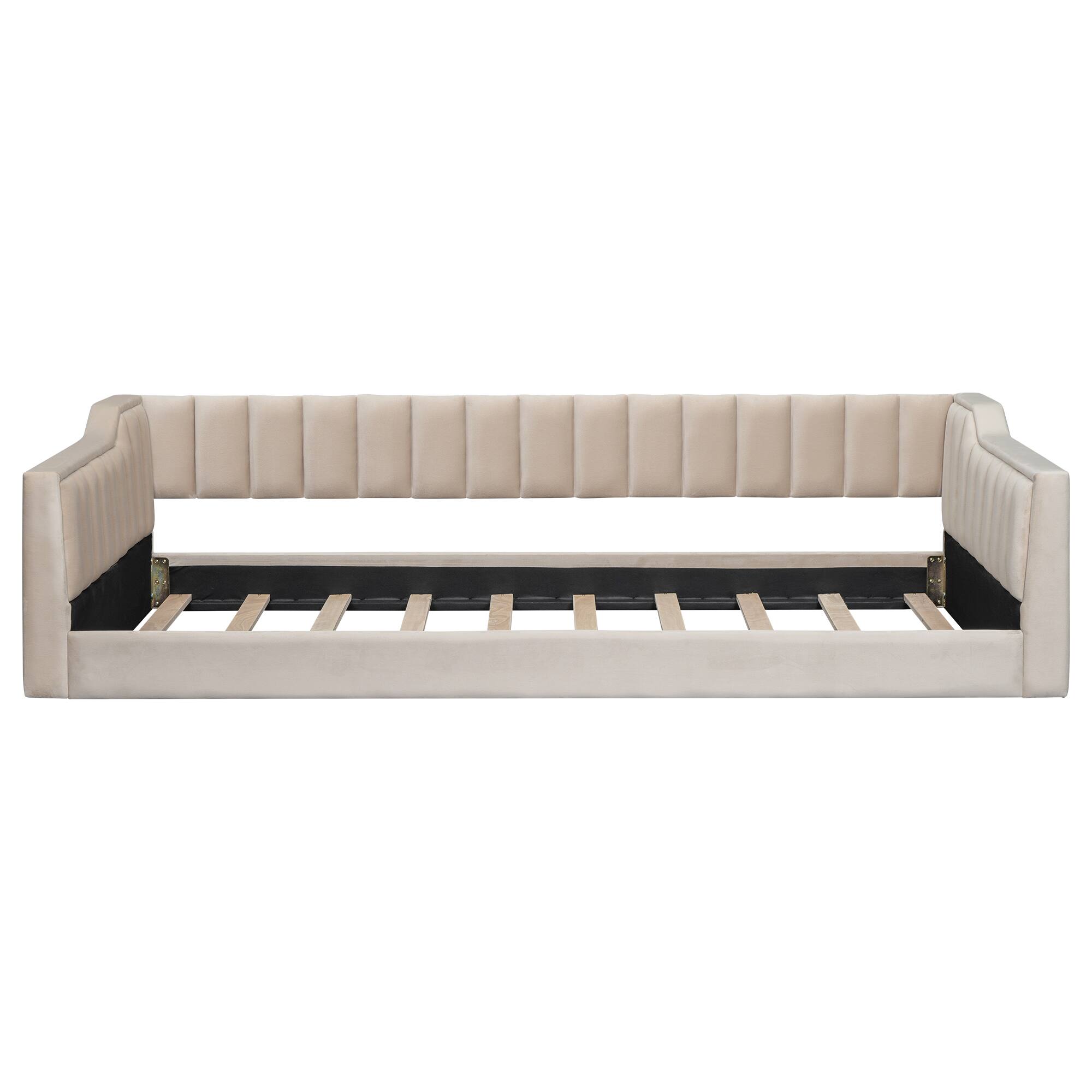 Back. Whisen - Twin XL Upholstered Daybed with Side Storage Pocket, Velvet Bed Frame for Bedroom & Guest Room - Beige.