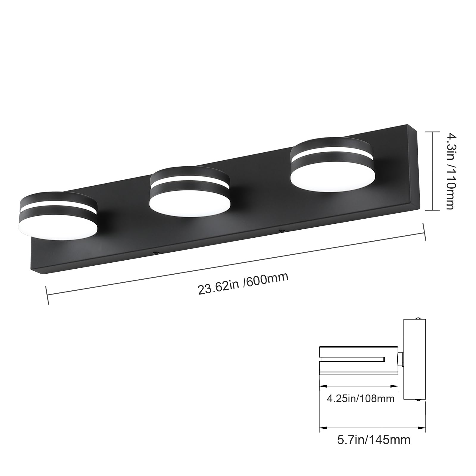 4.3in / 110mm  
23.62in / 600mm  
4.25in / 108mm  
5.7in / 145mm