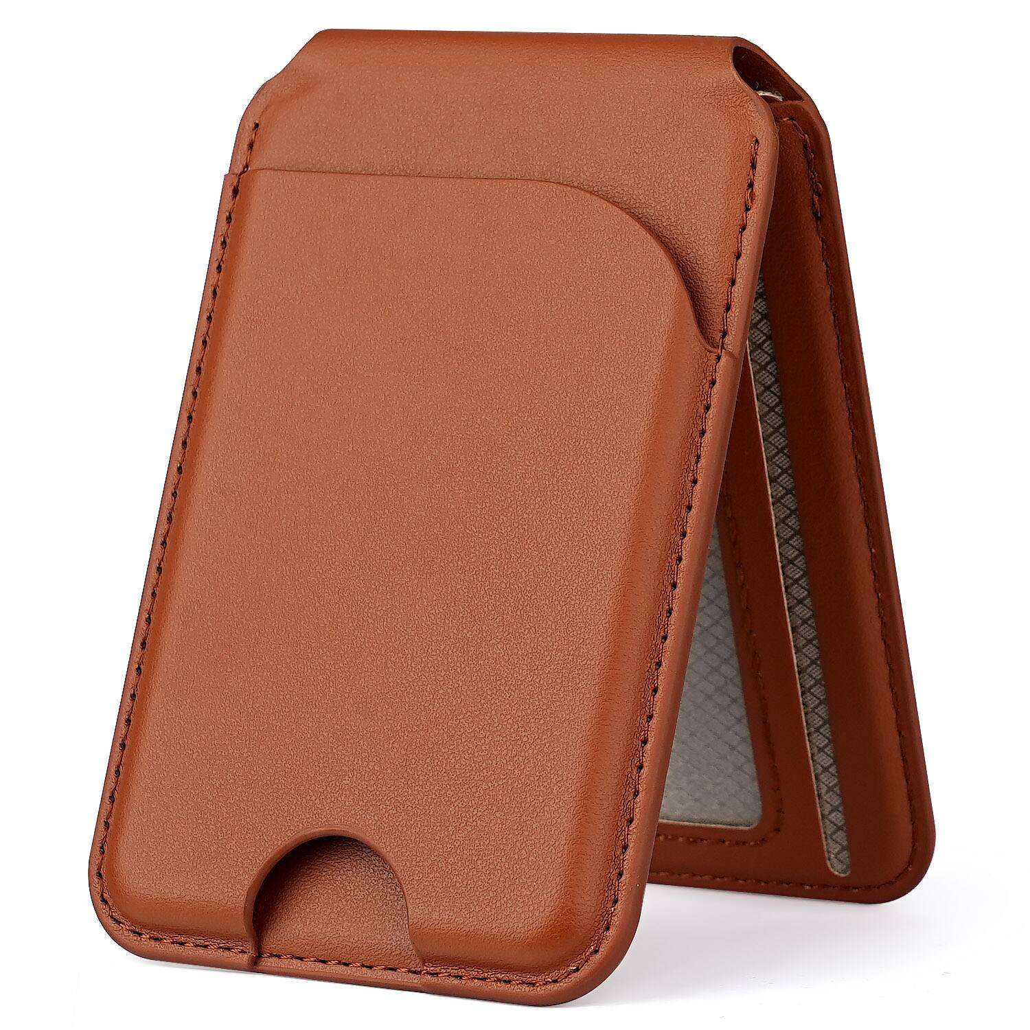 Angle. Alpha Digital - Magnetic Leather Wallet - MagSafe, Adjustable Phone Stand, Compatible w/ iPhone 12-17 - Brown.