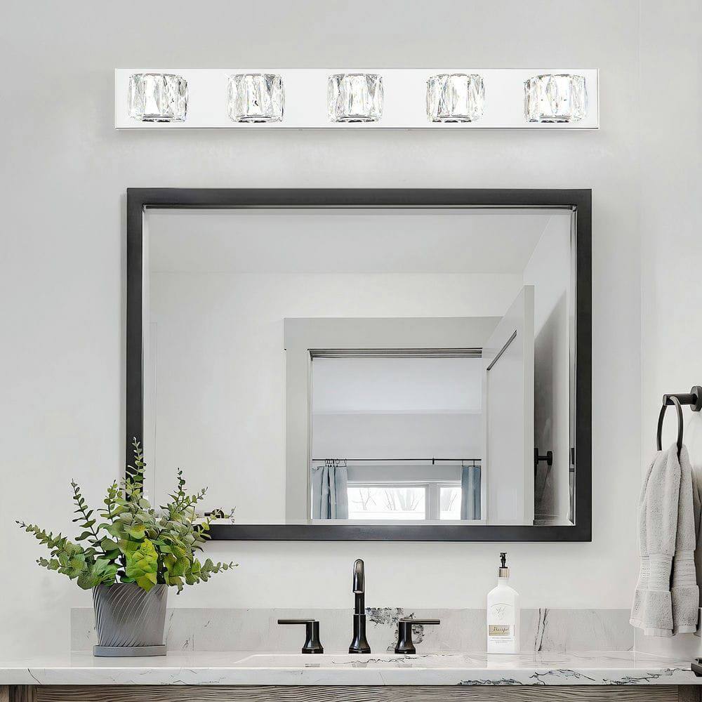 Alt View 8. Kadyn - 35" Modern Crystal 5-Light LED Wall Sconce – Elegant Chrome Bathroom Vanity Light with Clear Crystal Shades, Chrome - Silver.