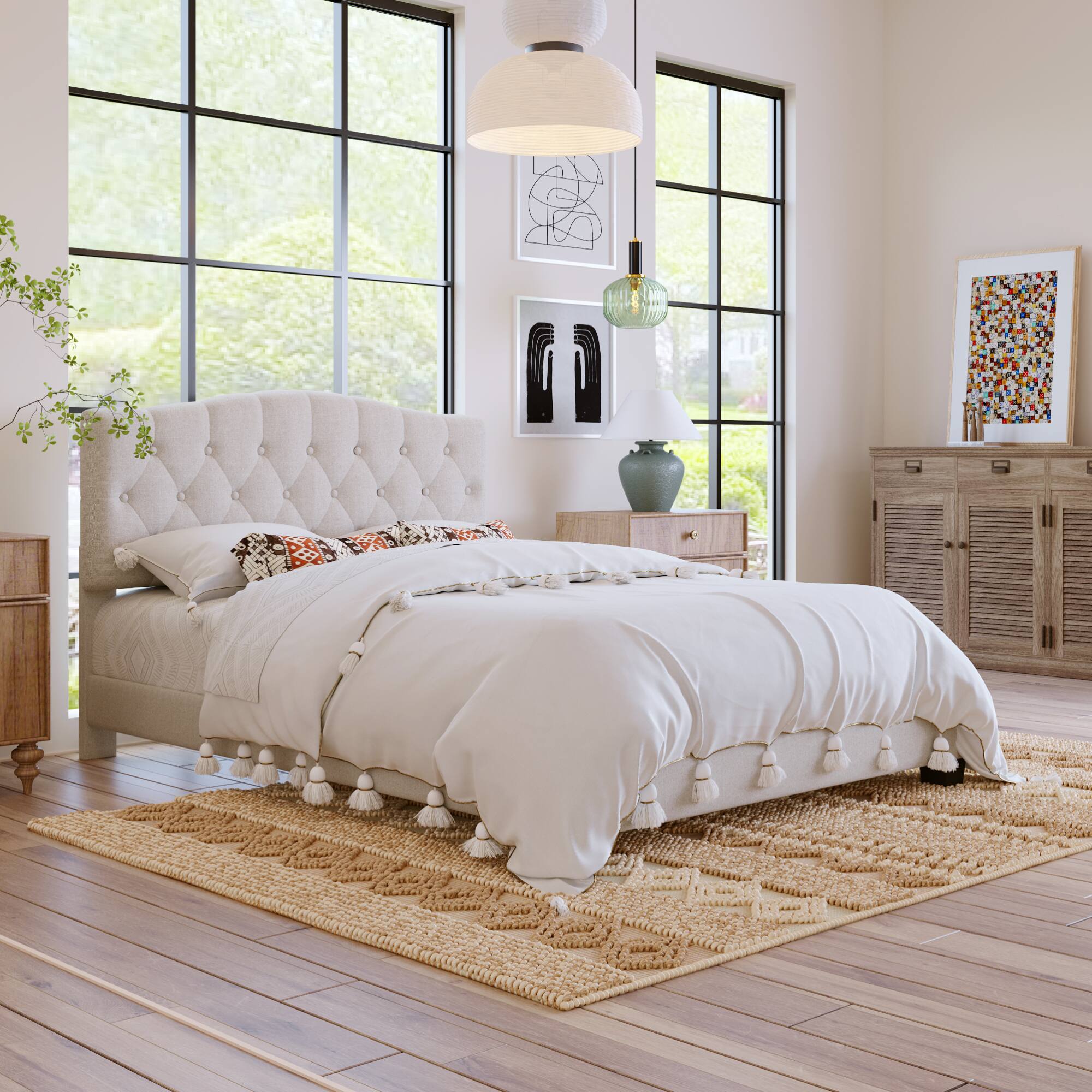 Alt View 2. GOODSILO - Upholstered Platform Bed with Adjustable Headboard and Diamond Tufted Details, Wooden Slats and Metal Support - Beige.