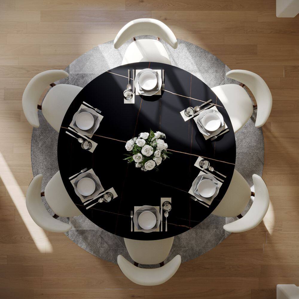 Alt View 2. POVISON - 59" Modern Round Dining Table for 6, Black Matte Sintered Stone Table with Bronze U-shaped  Steel Base - Black Matte Sintered Stone with Bronze Steel Base.