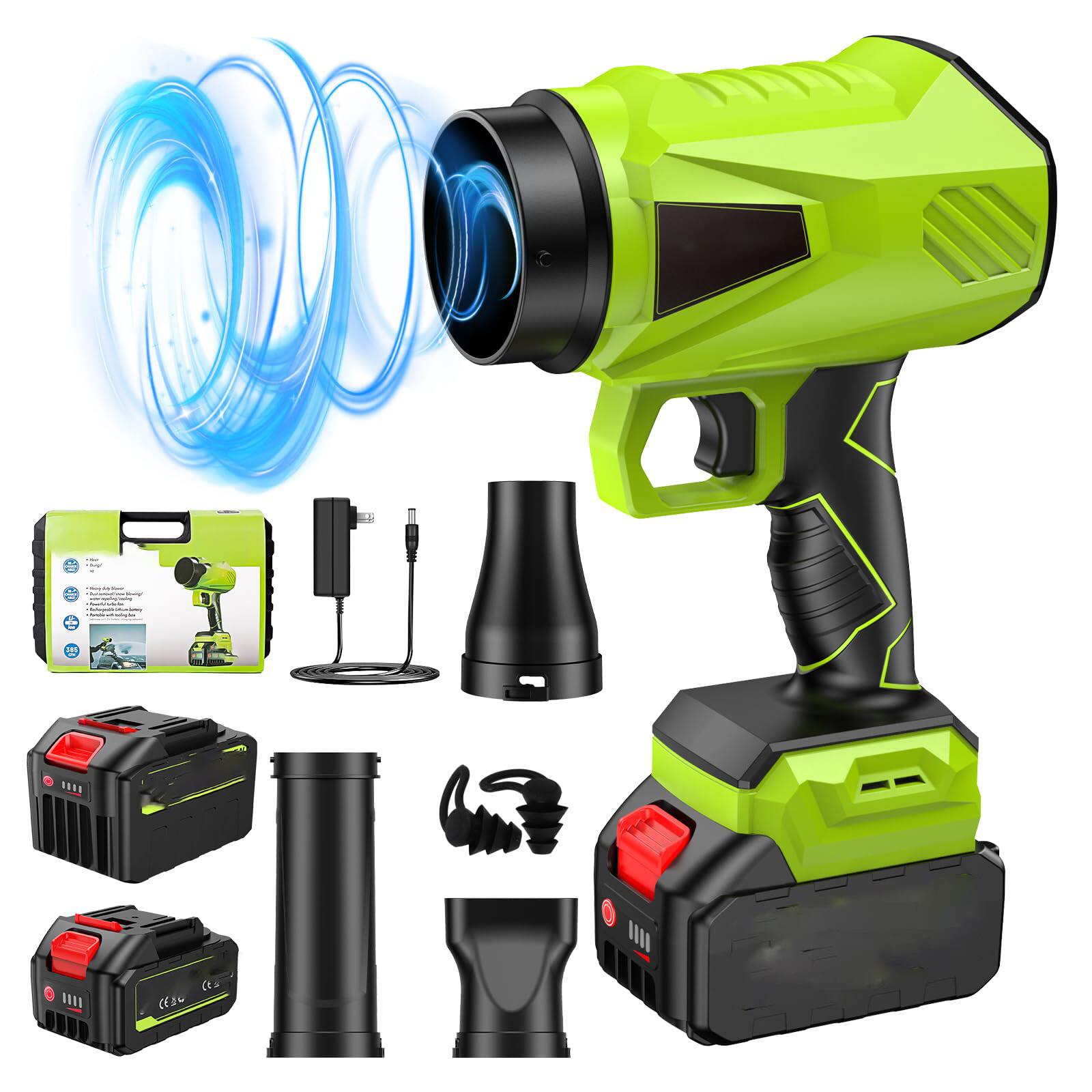 GlowWise - Cordless 1M RPM lightweight blower with extended nozzle. Ideal for leaves, dust, and car drying - Green