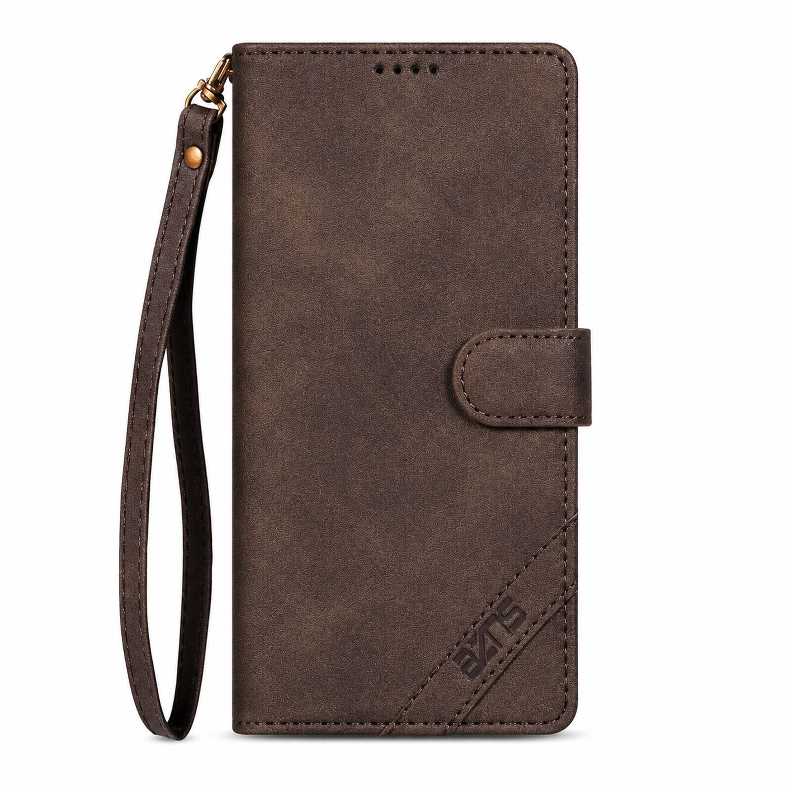 Angle. Dteck - Magnetic Wallet Case For Apple iPhone 18 Pro, Shockproof Card Pocket RFID Blocking Stand Strap Flip Folio Cover - Brown.