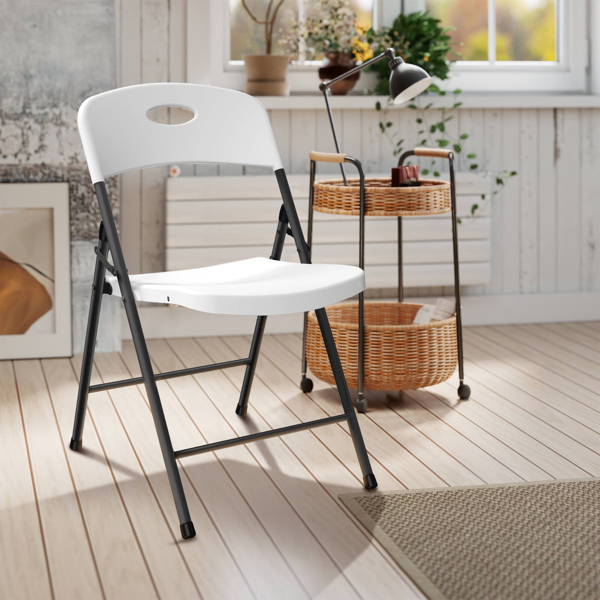 Left. Decksplore - Portable Folding Chair 4-Piece Set Outdoor Plastic Sturdy Metal Folding Chair Heavy-Duty Folding Commercial Seating - White.