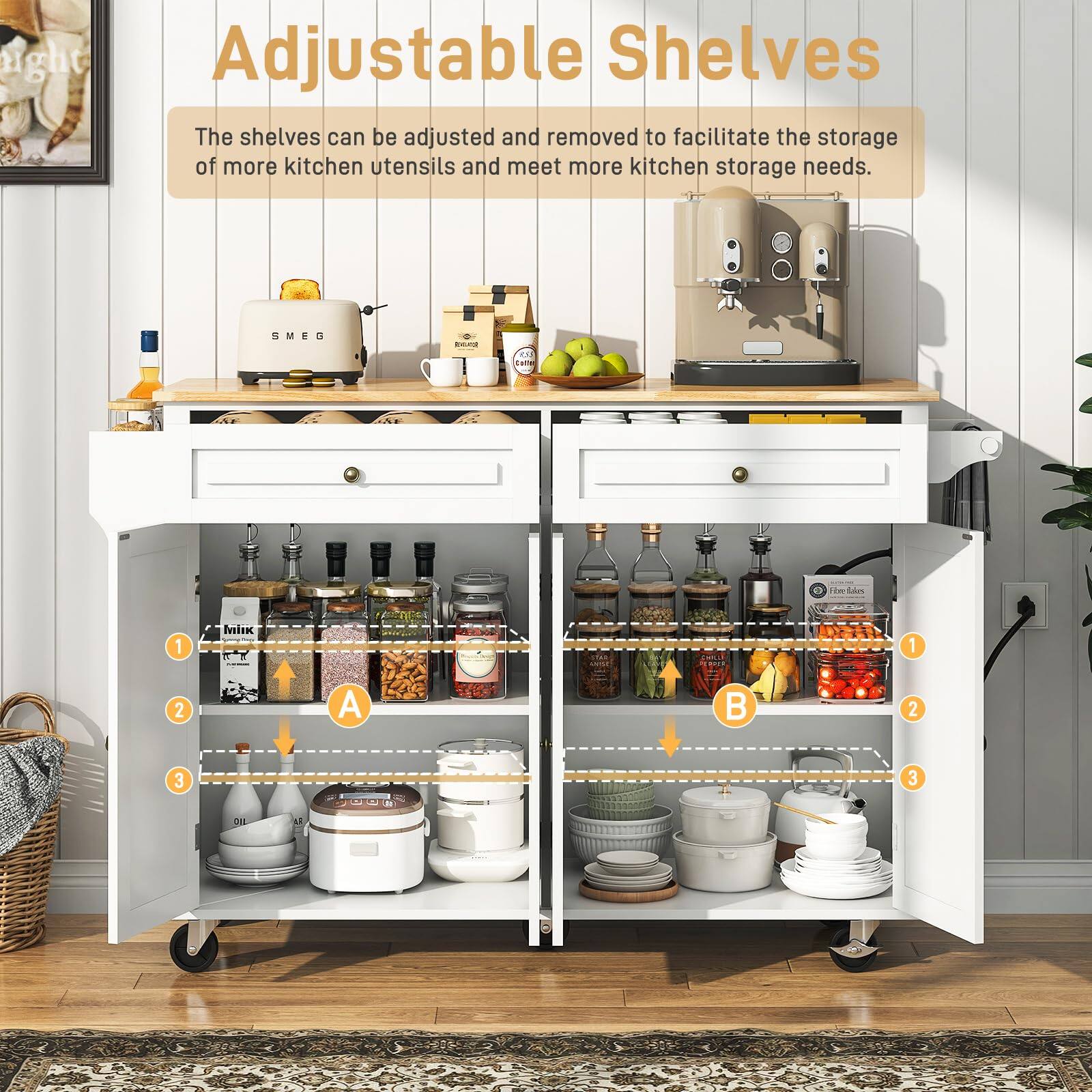 Adjustable Shelves

The shelves can be adjusted and removed to facilitate the storage of more kitchen utensils and meet more kitchen storage needs.

1. SMEG
2. A
3. B