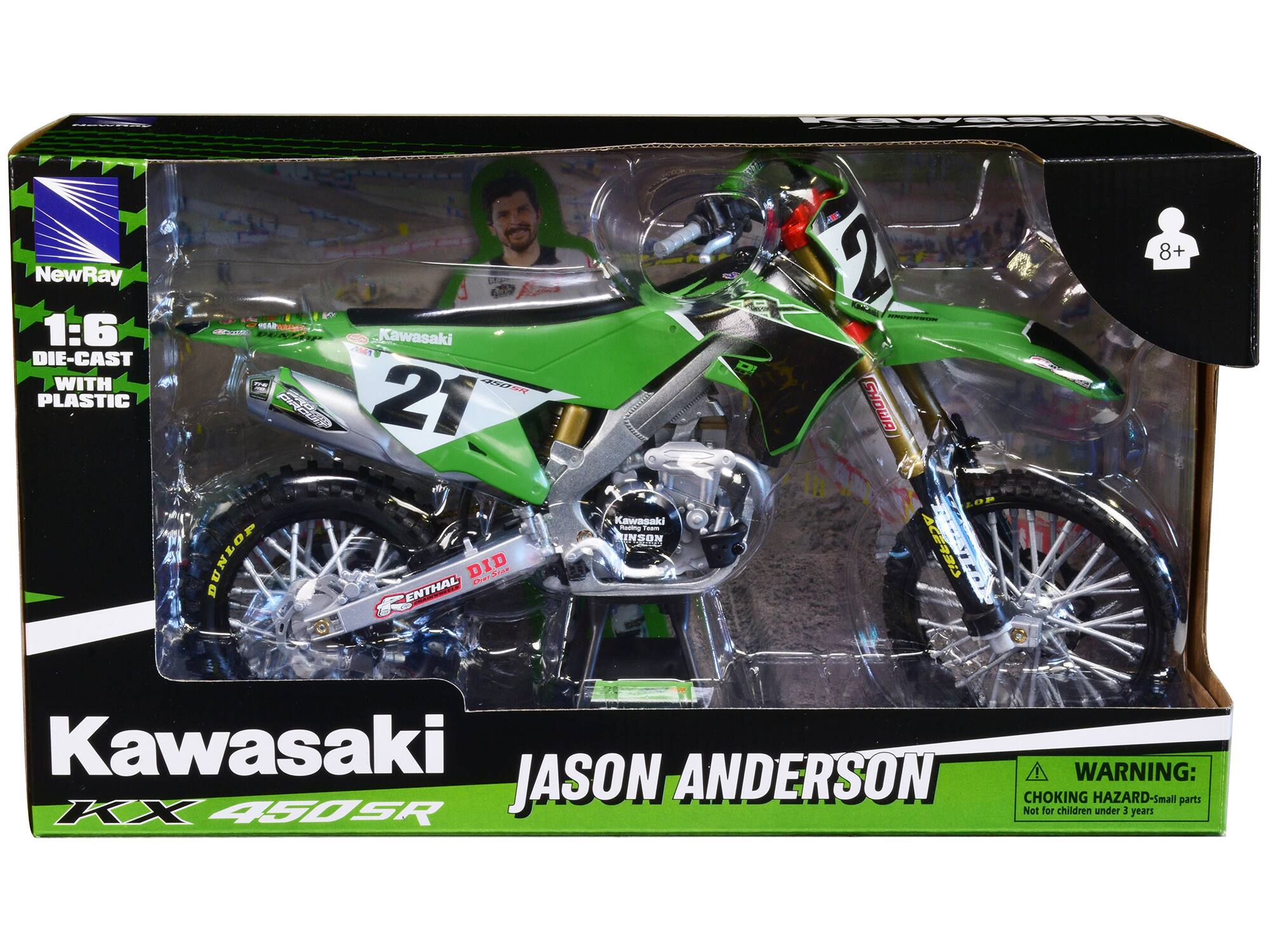 NewRay  
1:6 DIE-CAST WITH PLASTIC  

Kawasaki  
KX 450SR  
JASON ANDERSON  

WARNING:  
CHOKING HAZARD - Small parts  
Not for children under 3 years  

8+