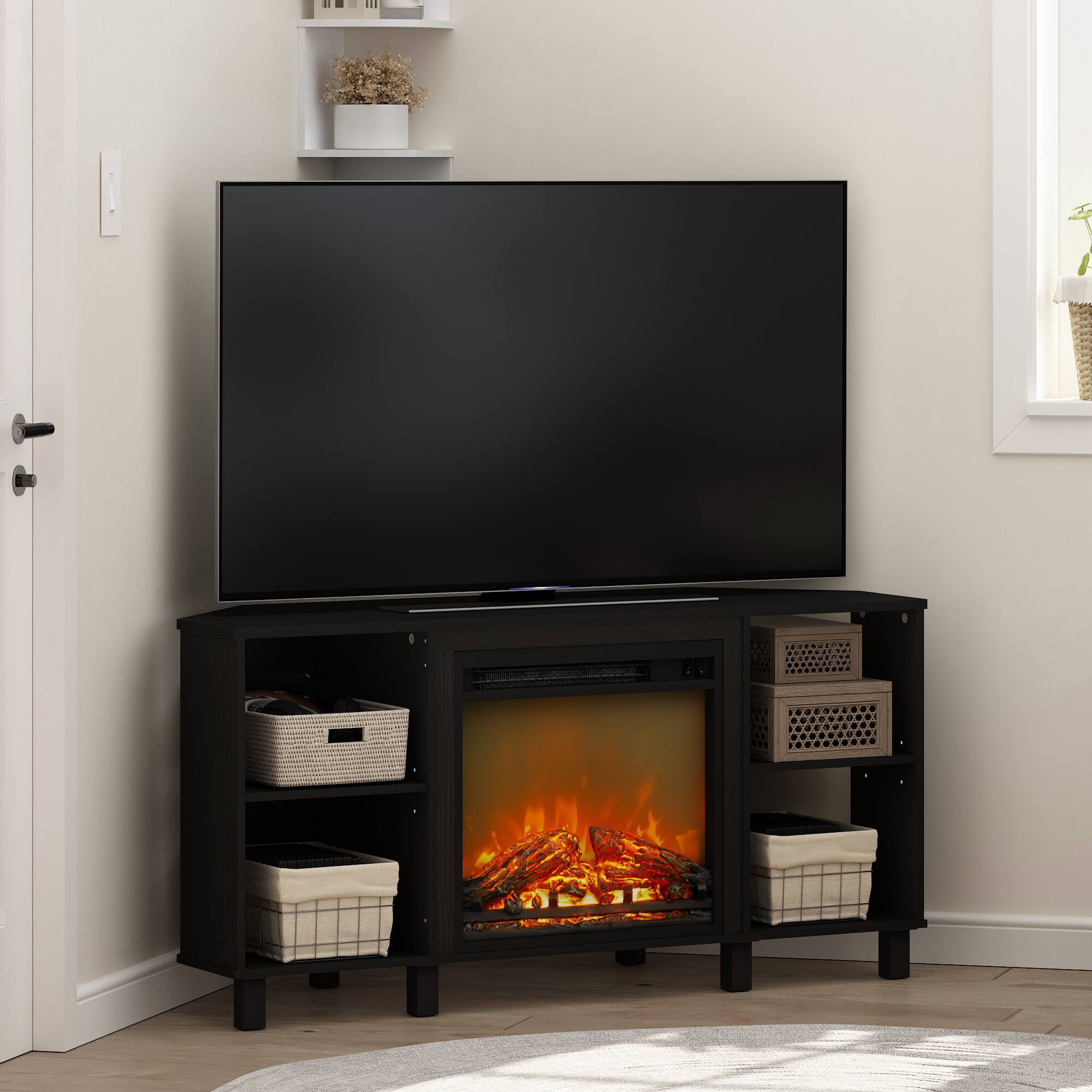 Alt View 7. Furinno - Jensen Corner Fireplace TV Stand with 4 Open Compartments for TV up to 55 Inches - Americano.