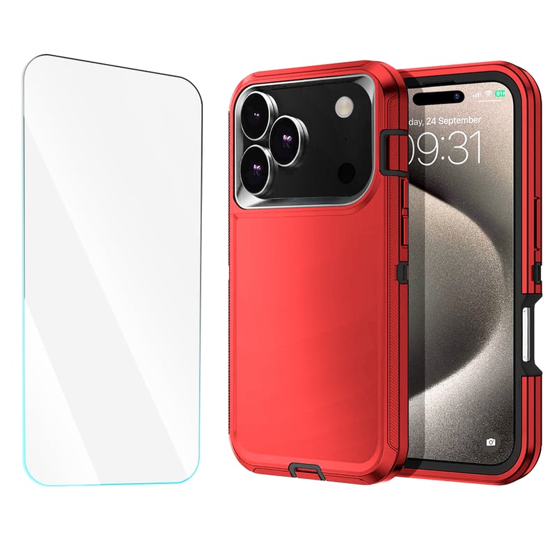 Entronix - Heavy Duty Case and Screen Protector Bundle for iPhone 17 Pro Max - Red