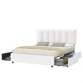 Vecelo - Full Upholstered Bed Frame with 4 Storage Drawers, Adjustable Velvet Headboard, No Box Spring Needed, Metal Platform - White