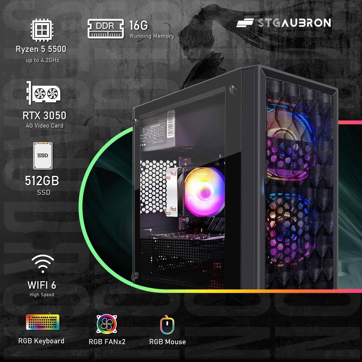 - Ryzen 5 5500 up to 4.2GHz
- DDR 16G Running Memory
- RTX 3050 4G Video Card
- 512GB SSD
- WIFI 6 High Speed
- RGB Keyboard
- RGB FANx2
- RGB Mouse