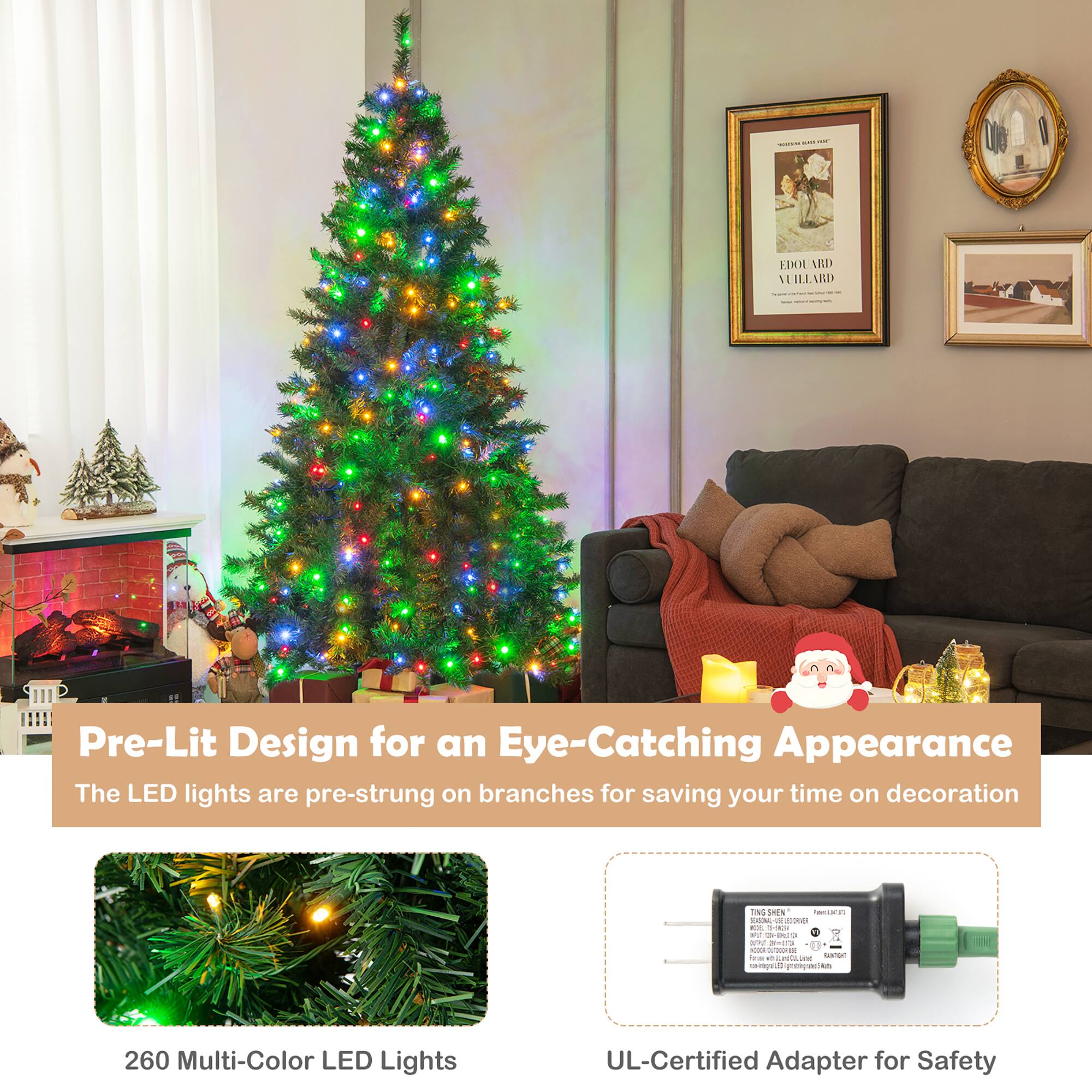 Pre-Lit Design for an Eye-Catching Appearance: The LED lights are pre-strung on branches for saving your time on decoration. 260 Multi-Color LED Lights: UL-Certified Adapter for Safety.