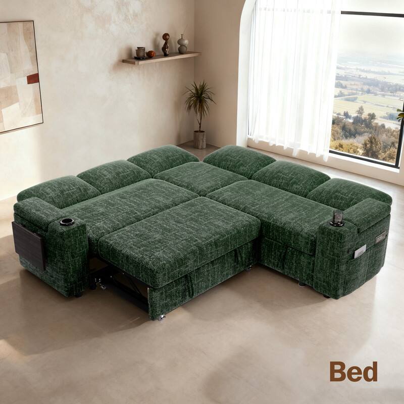 Back. Vipbear - 85" Modular Sectional Sofa with Pull Out Bed,Chenille Fabric 5 Seat Sectional Sleeper Sofa with Storage,for Living Room - Green.