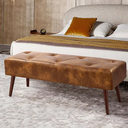Front. Hivvago - Mid-Century End of Bed Bench with Leather Upholstered Seat Solid Wood Legs - brown.