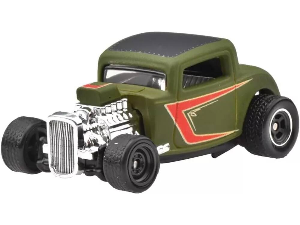 Angle. Hot Wheels - 1932 Ford Hot Rod Matt Green with Graphics "Boulevard" Series Diecast Model Car by Hot Wheels - Matt Green.