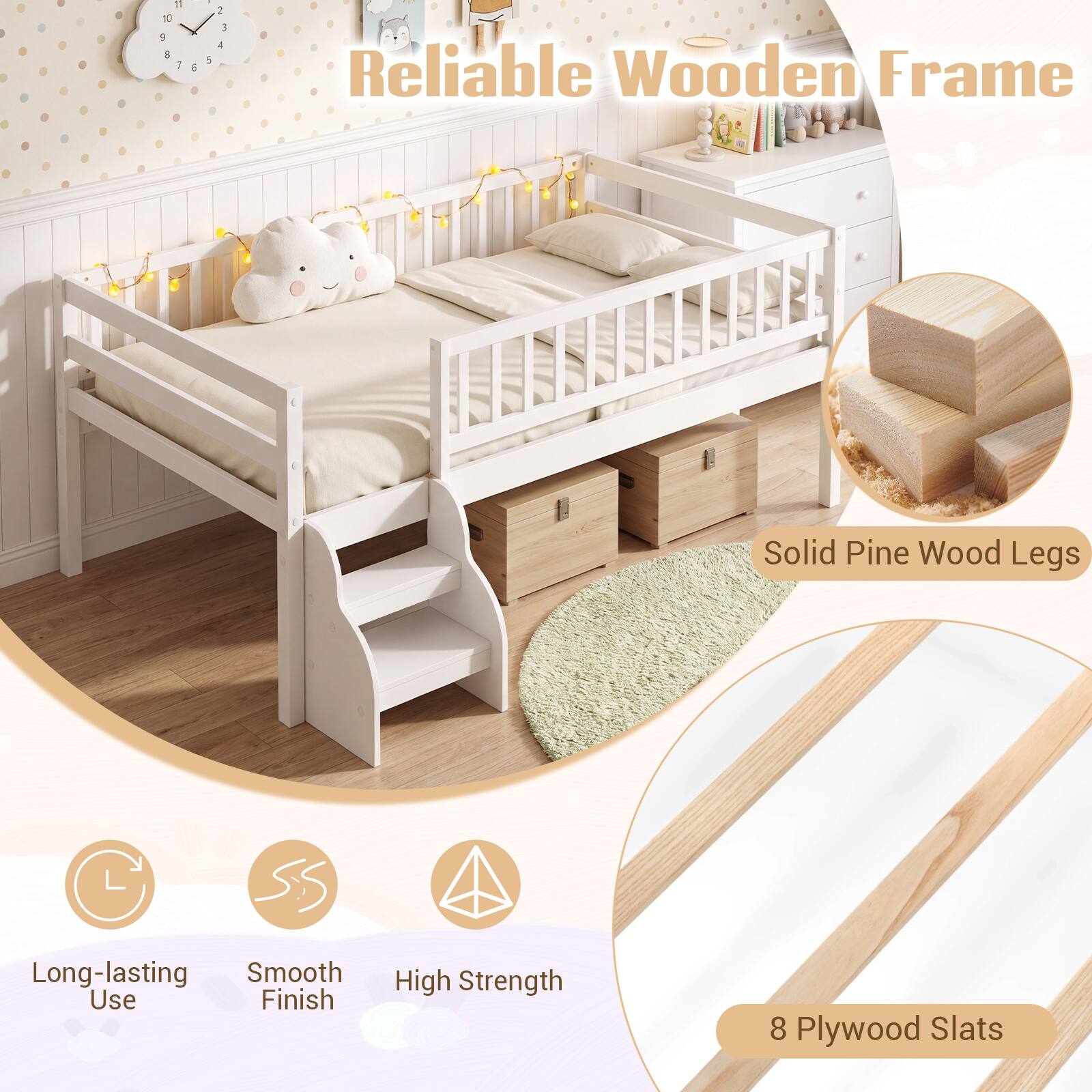 Reliable Wooden Frame  
Solid Pine Wood Legs  
Long-lasting Smooth Use Finish  
High Strength  
8 Plywood Slats