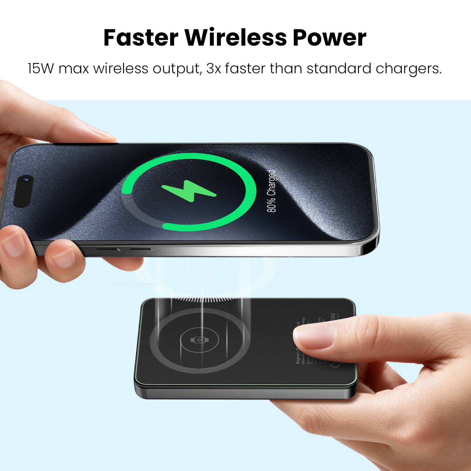 Faster Wireless Power  
15W max wireless output, 3x faster than standard chargers.  
Charged 80% OHS  
Magnetic