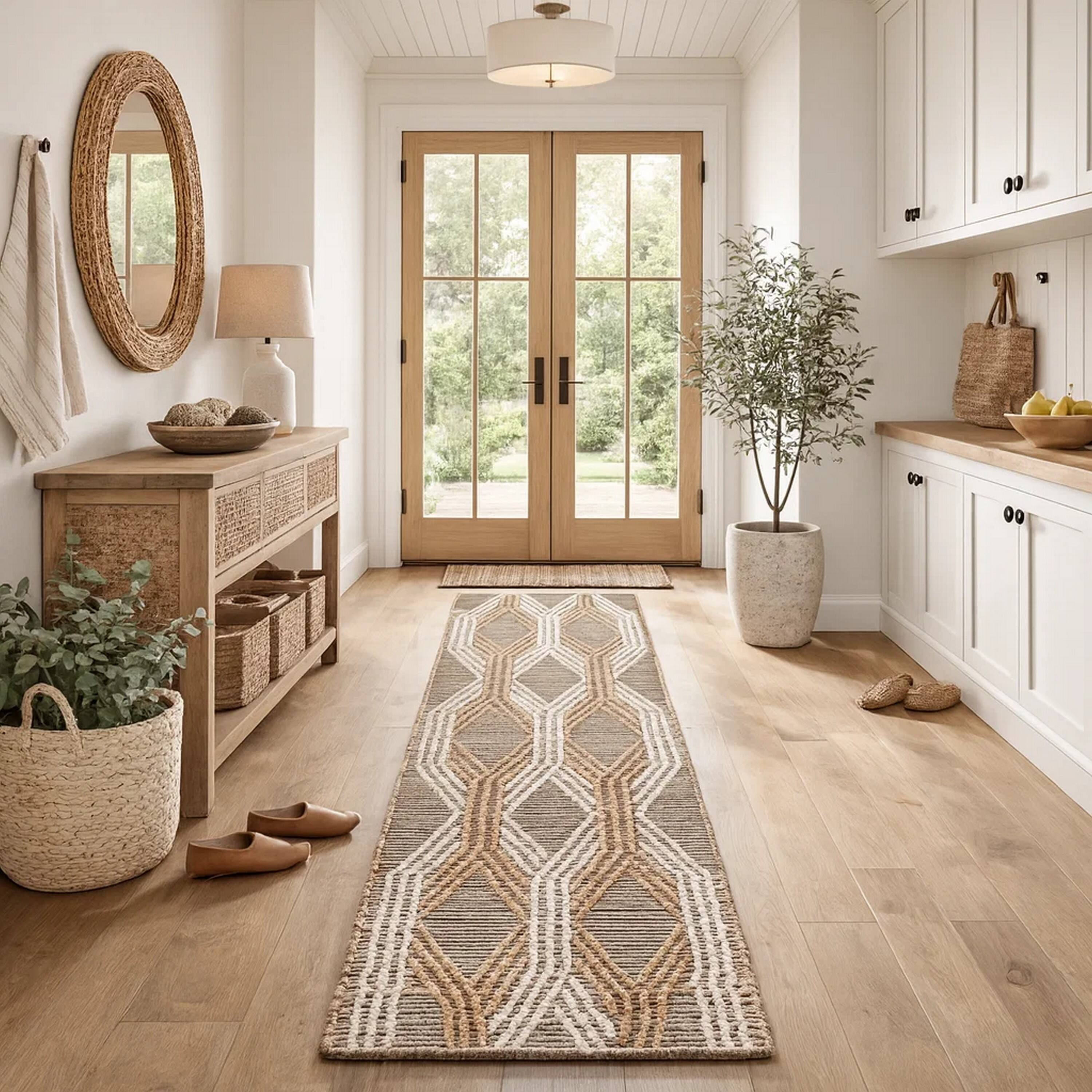 Alt View 2. Manhattan Lane - Hallway Runner Rug, Moroccan Inspired Handwoven Geometric - Ivory, Brown.