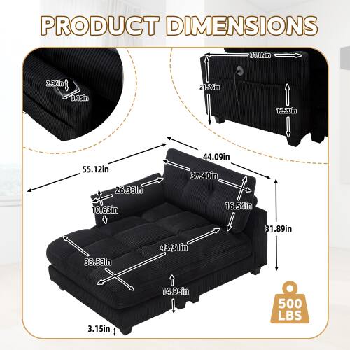 PRODUCT DIMENSIONS

- 31.89in
- 2.36in
- 3.15in
- 21-26in
- 12.20in
- 55.12in
- 26.38in
- 10.63in
- 44.09in
- 37.40in
- 16.54in
- 31.89in
- 38.58in
- 43.31in
- 3.15in
- 14.96in

500 LBS