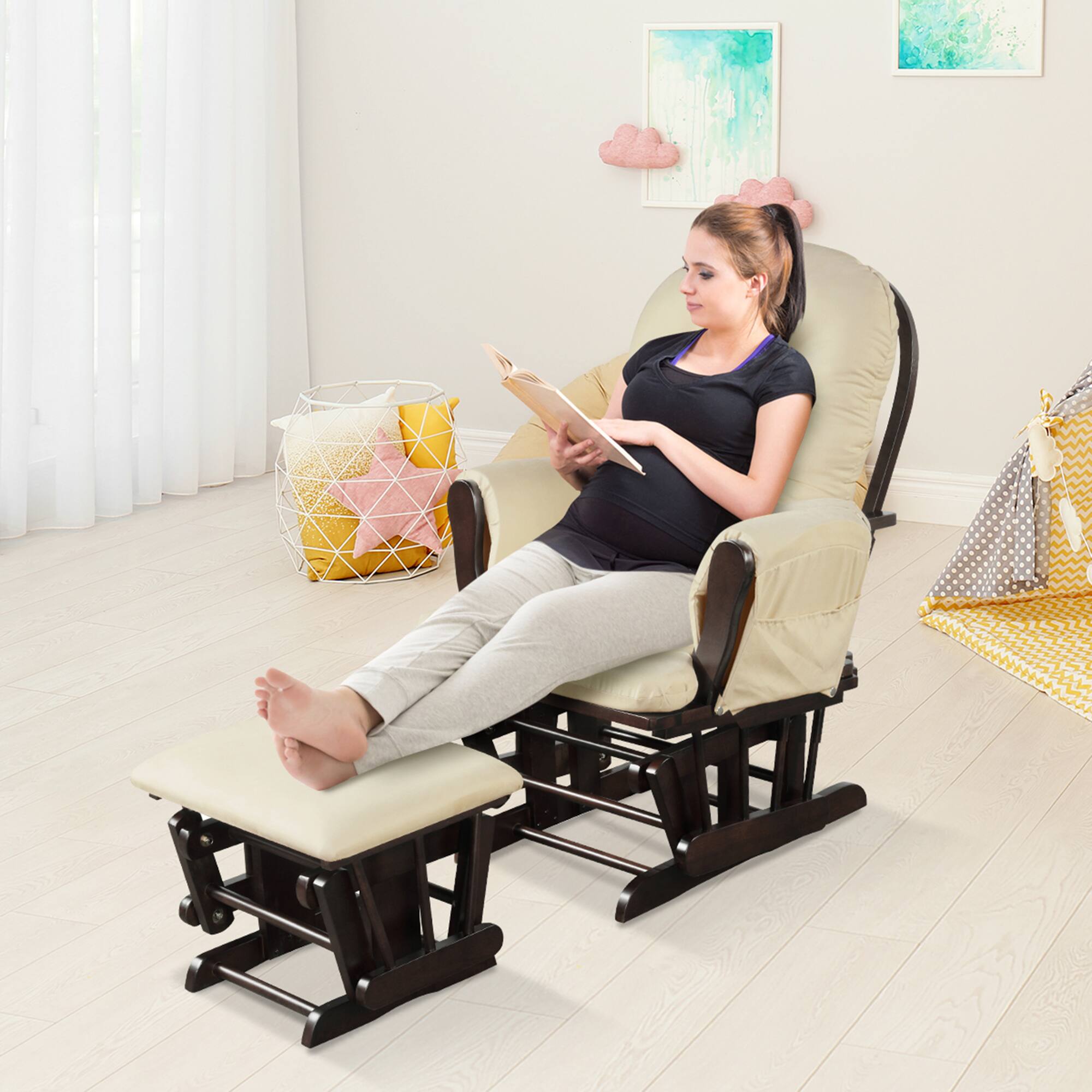 Alt View 3. Costway - Costway Baby Nursery Relax Rocker Rocking Chair Glider & Ottoman Set w/Cushion - Beige.