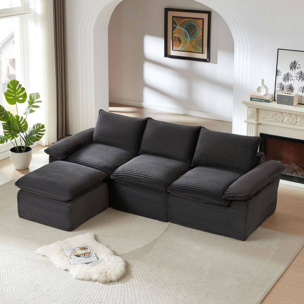 Left. Kadyn - Modular Corduroy Sectional Sofa, Oversized Cloud Couch with Ottoman, DarkGray - Gray.
