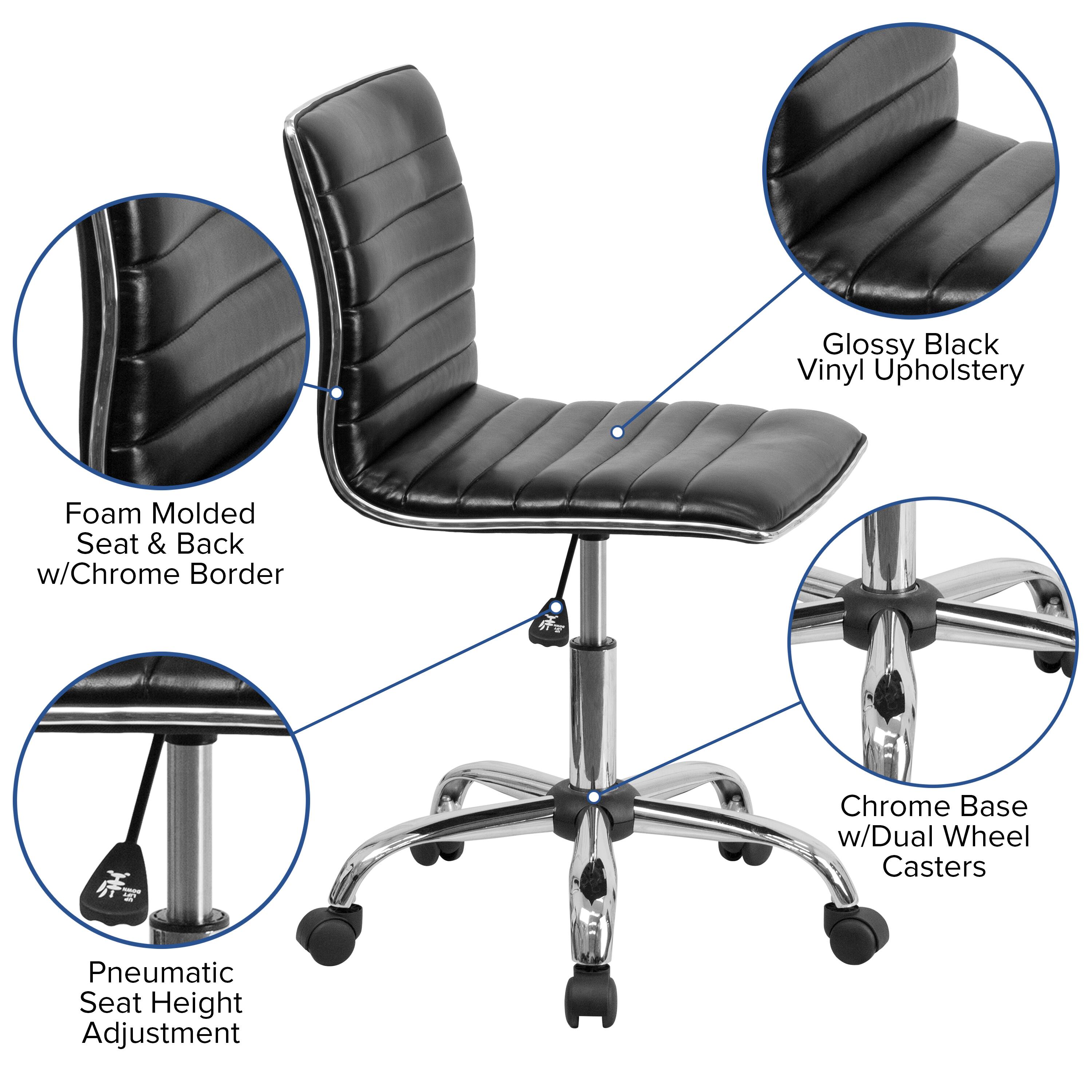 Glossy Black Vinyl Upholstery Foam Molded Seat & Back w/Chrome Border  
Chrome Base w/Dual Wheel Casters  
Pneumatic Seat Height Adjustment