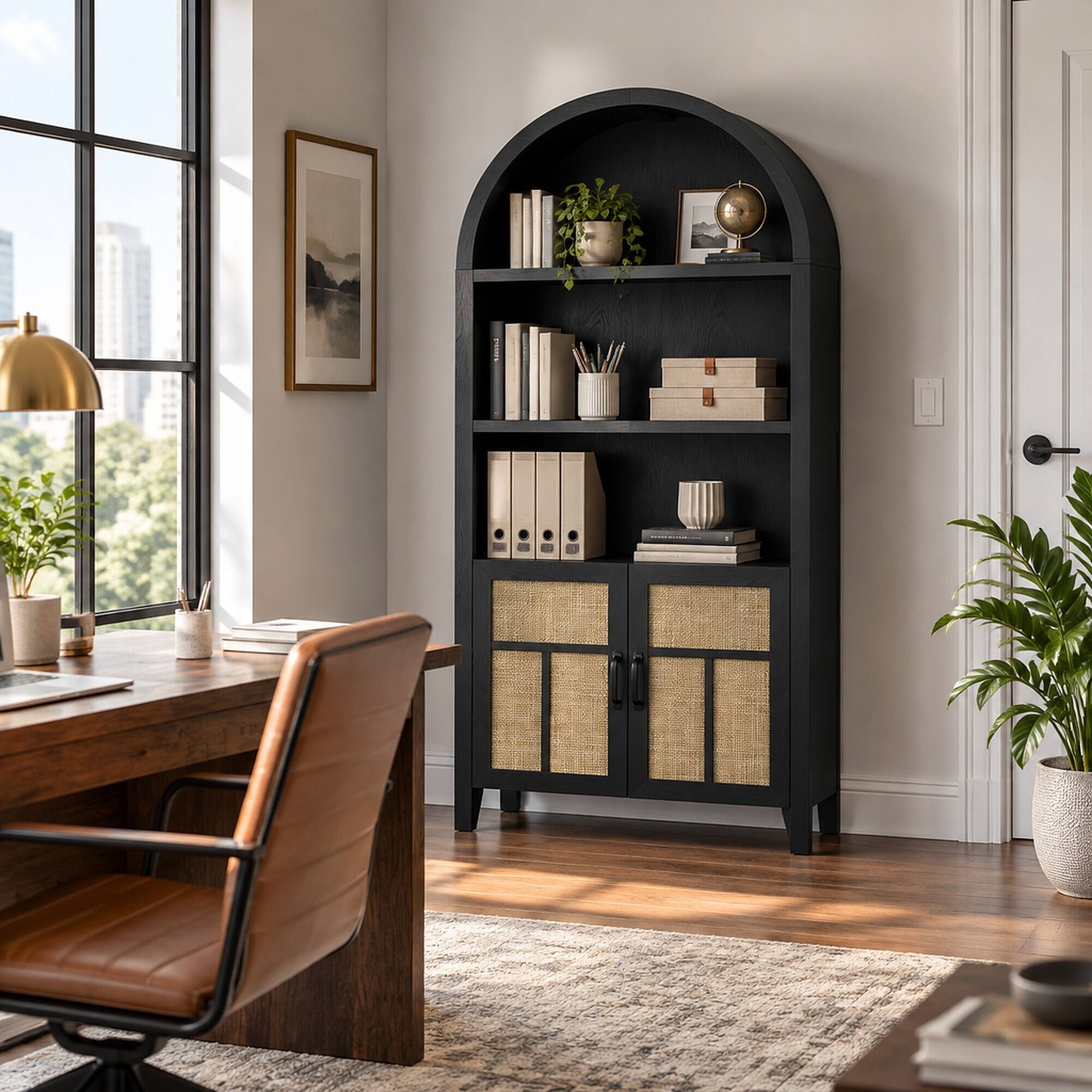 RYHNUYNE Freestanding 70 Inch Arched Storage Cabinet with Rattan Doors ...